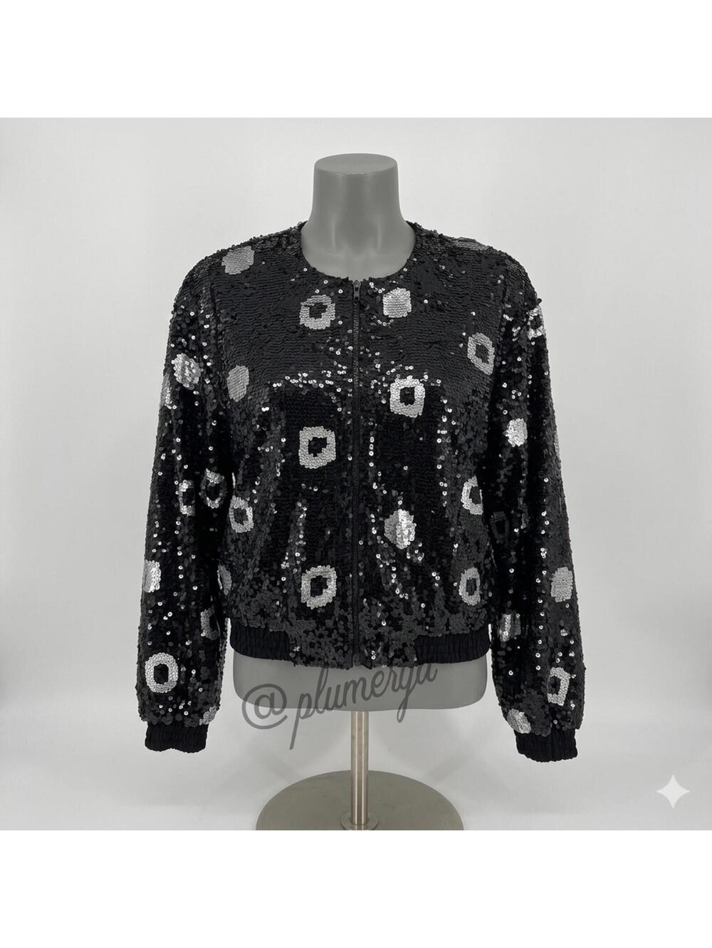 Vintage 80’s Retro Women's Silk Sequin Bomber Jacket Polka Dot Leopard Size M